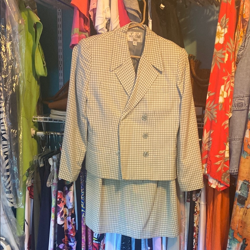 Green Checkered Blazer and Skirt Set